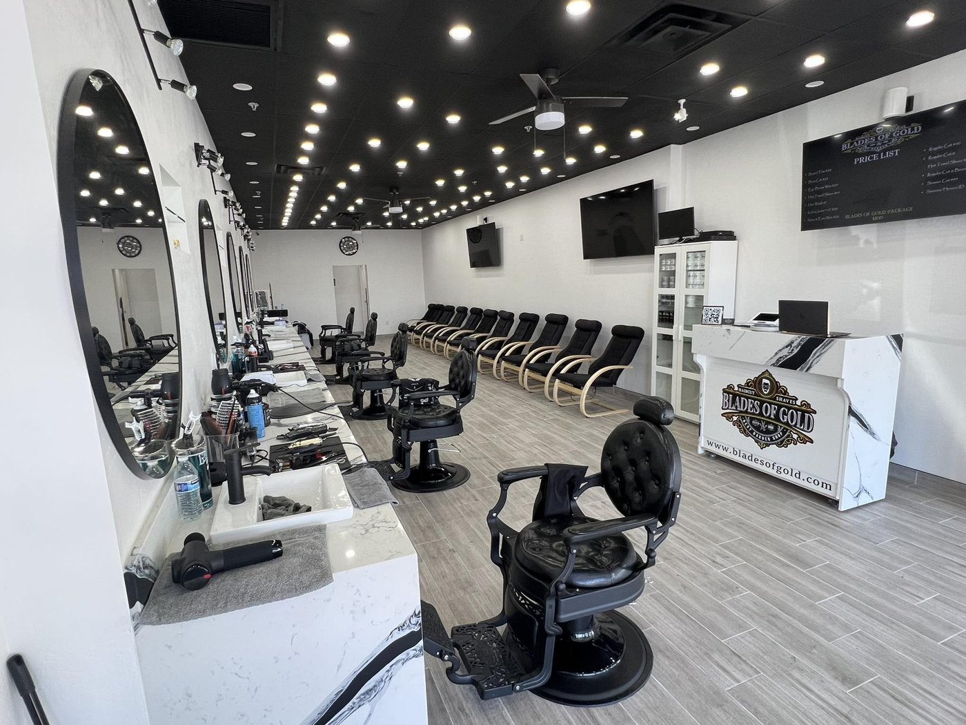 Inside Blades of Gold — bright, modern barbershop floor — Blades of Gold Barbershop, Phoenix AZ