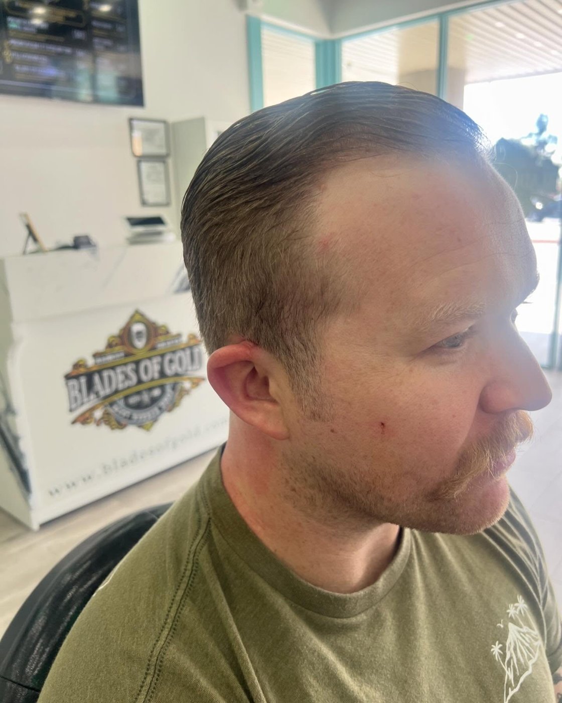 Clean taper and beard trim, side view — Blades of Gold Barbershop, Phoenix AZ