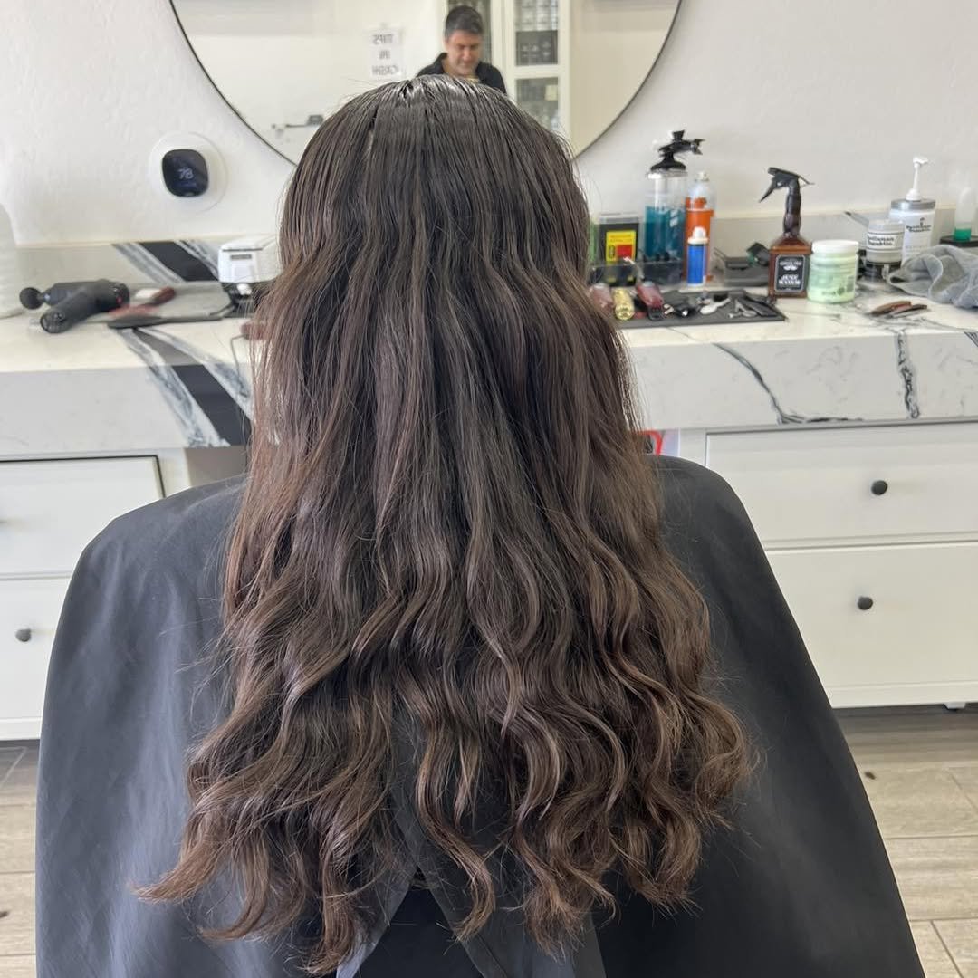 Long wavy hair trimmed and styled, back view — Blades of Gold Barbershop, Phoenix AZ